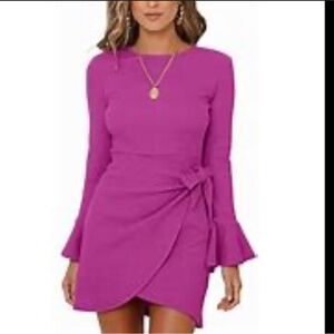 Wrap Tie Waist Long Bell Sleeve Mini Elegant Burgundy Size‎ Large dress